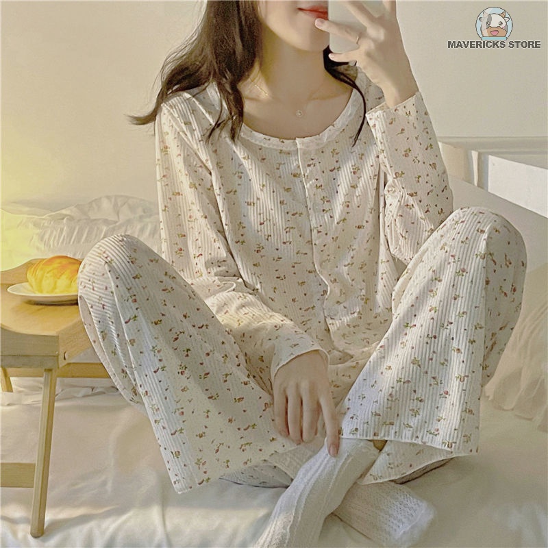 Bộ đồ ngủ tay dài in họa tiết hoa phong cách Hàn Quốc thời trang xuân thu cho nữ