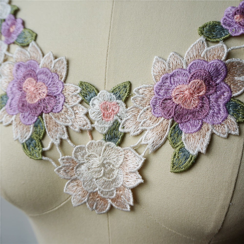 Tím Thêu Hoa Hồng Hoa Ren Đính May Cổ Cổ Miếng Dán Áo Cưới Cô Dâu DIY Thủ Công