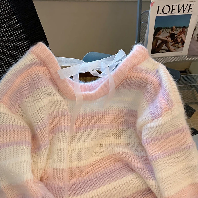 Áo sweater Pure Cube dệt kim kẻ sọc màu tương phản thời trang mùa thu cho nữ