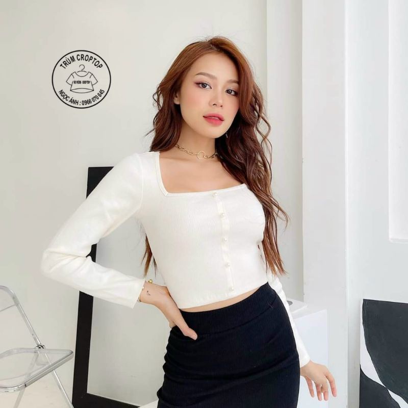 [ Kèm Ảnh Thật ] Áo Croptop Tay Dài , Croptop Cổ Vuông Đính Hạt Form 38-55kg