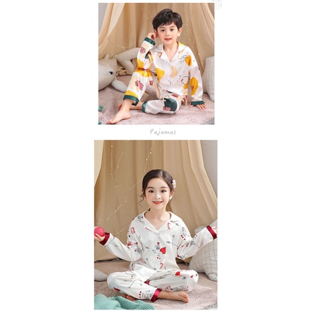 Bộ Đồ Ngủ Tay Dài Vải Lụa Lạnh Mỏng In Hoạt Hình Thời Trang Xuân Hè Cho Bé Gái