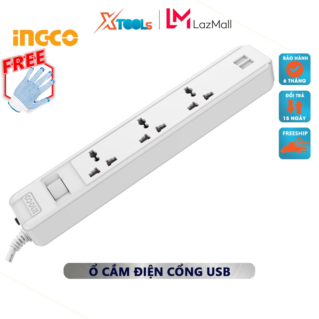 Ổ cắm điện ba chấu INGCO HES13041VSB | ổ cắm điện Dòng điện tối đa 13A Cáp nguồn Cáp nguồn 3 mét 3 * 1.25mm2 USB 2.1A lỗ