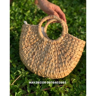 Túi cói bán nguyệt có lót - Túi cói trơn 25cm