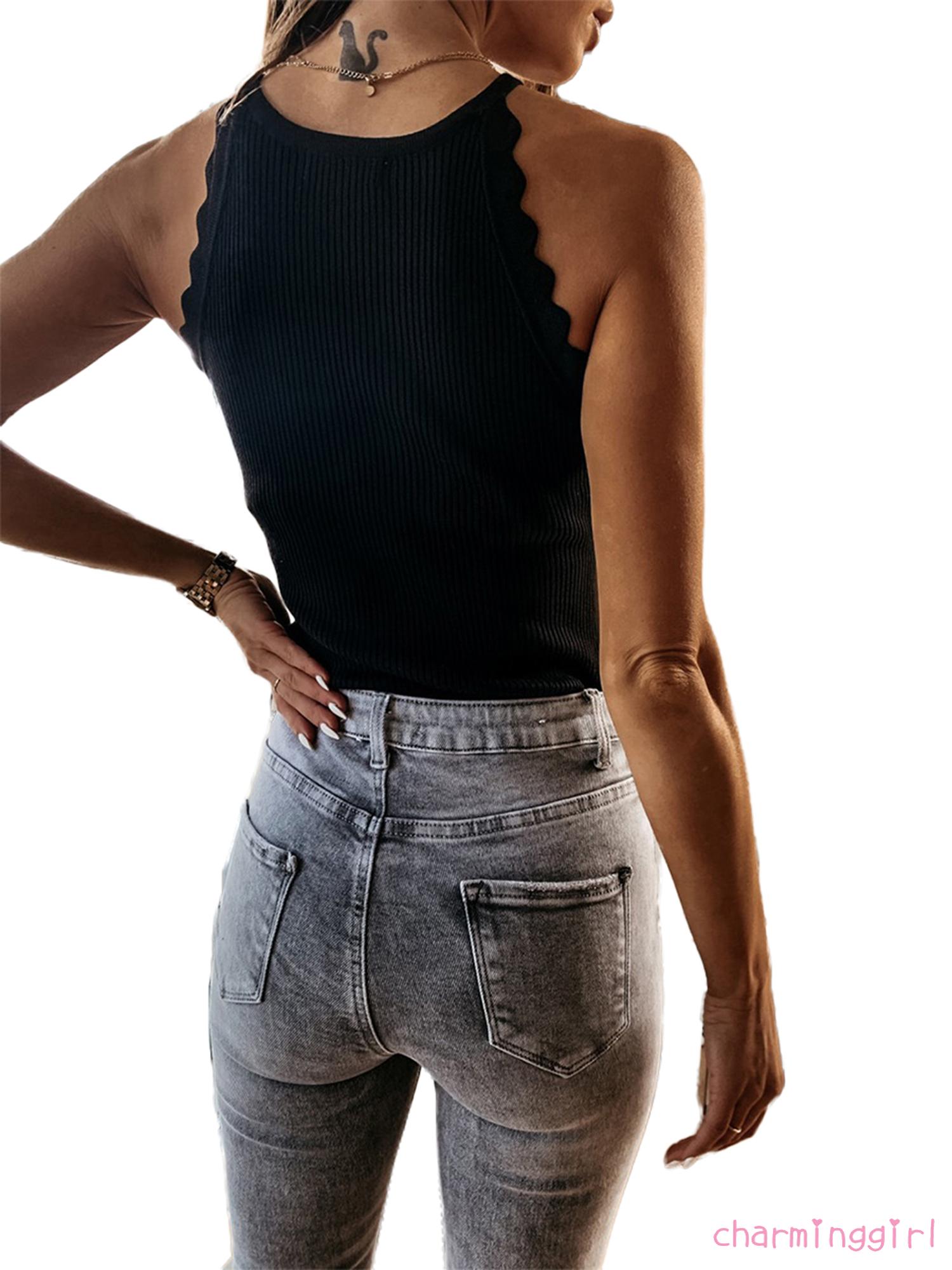 QAQ-Women´s Summer Sleeveless Vest Solid Color Rib Knit O-neck Lace Vest Camisole Ladies Sexy Fashion Slim Nightclub Wear | BigBuy360 - bigbuy360.vn