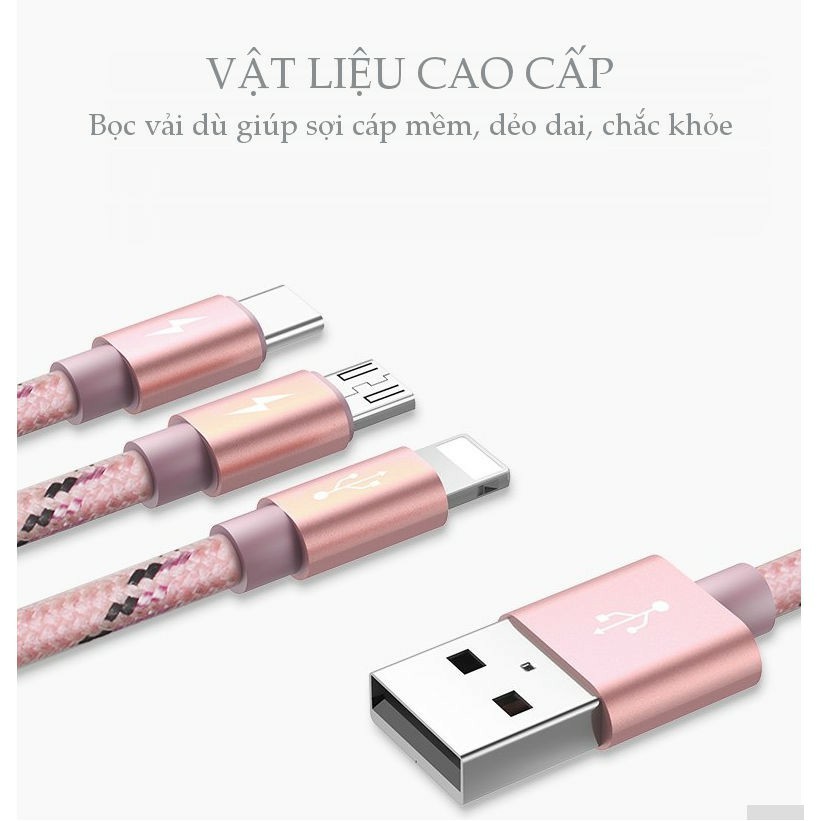 Dây cáp sạc YOOBAO YB-453, 3 trong 1 (Micro USB/Lingtning/Type C) bọc dù dài 1.2m