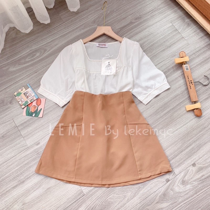 Sét Chân Váy Chữ A 2 Lớp + Áo Kiểu Tay Bồng Cổ Vuông QC ❤️