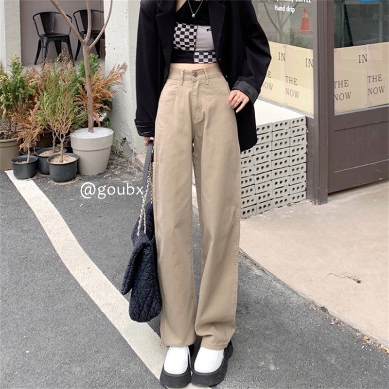 Xiaozhainv Quần jean nữ cạp cao ống rộng thời trang phong cách Hàn Quốc