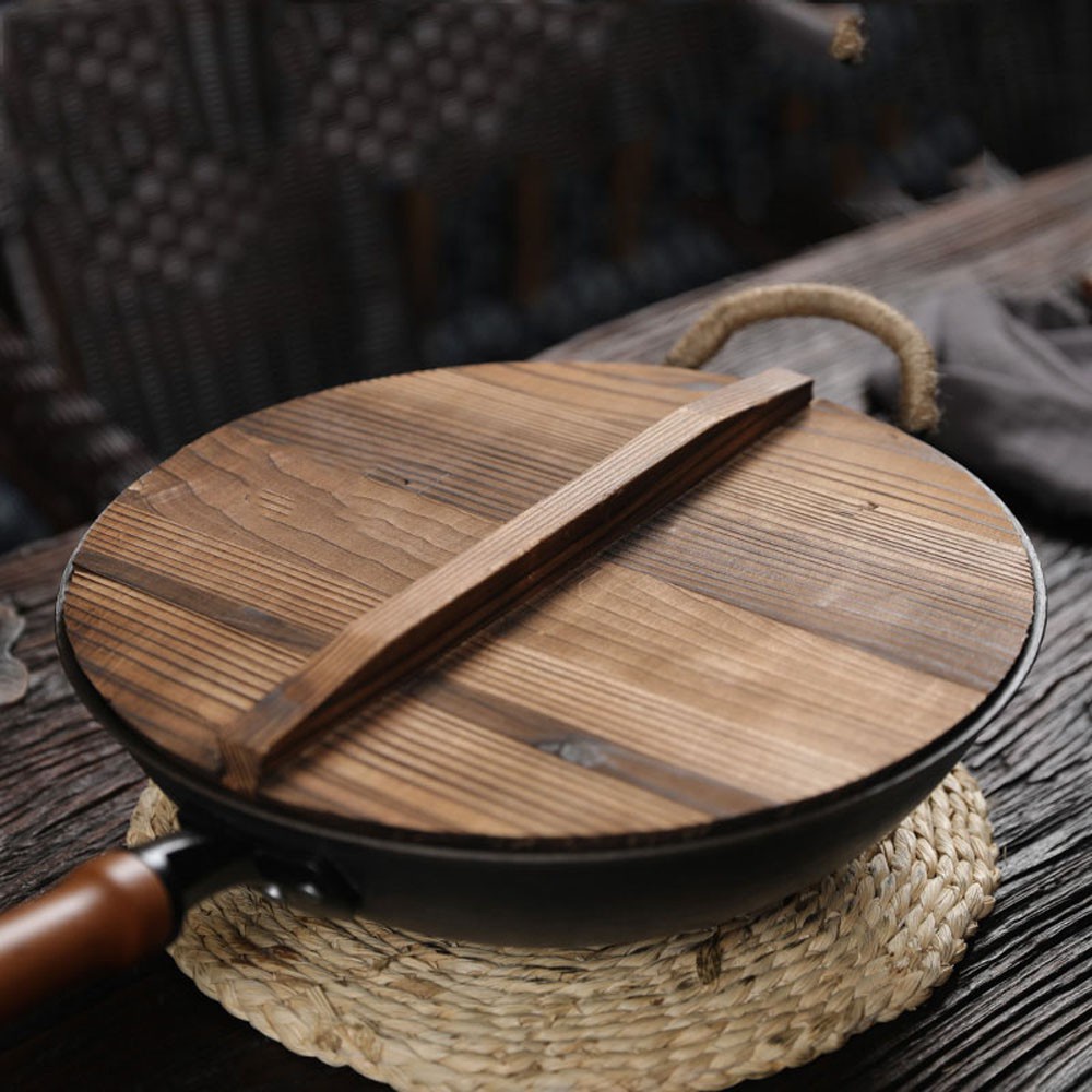 Nắp Nồi Chảo Bằng Gỗ + Sắt Phong Cách Trung Hoa Cổ Điển Chống Tràn Chống Bỏng Tiện Dụng Cho Nhà Bếp