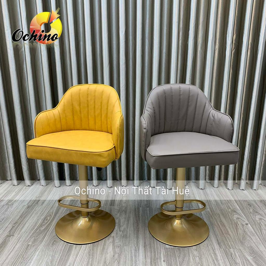Ghế Makeup, Ghế Quầy Bar Chân Mạ Vàng Nhạt Mẫu Vân Sò Da Cao 60-80Cm Bền Đẹp (Hàng Sẵn)