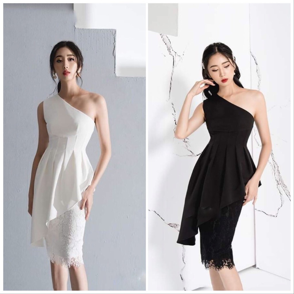 Đầm body lệch vai phối ren vạt xéo