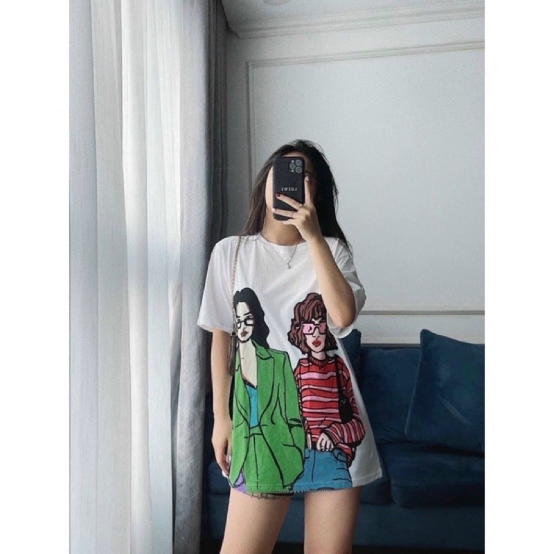 AT23_Áo Thun Nữ Phom Rộng Tay lỡ in 2 Cô Gái Hot Trend_Chất Cotton Nhập Cực Xịn Không Xù Lông