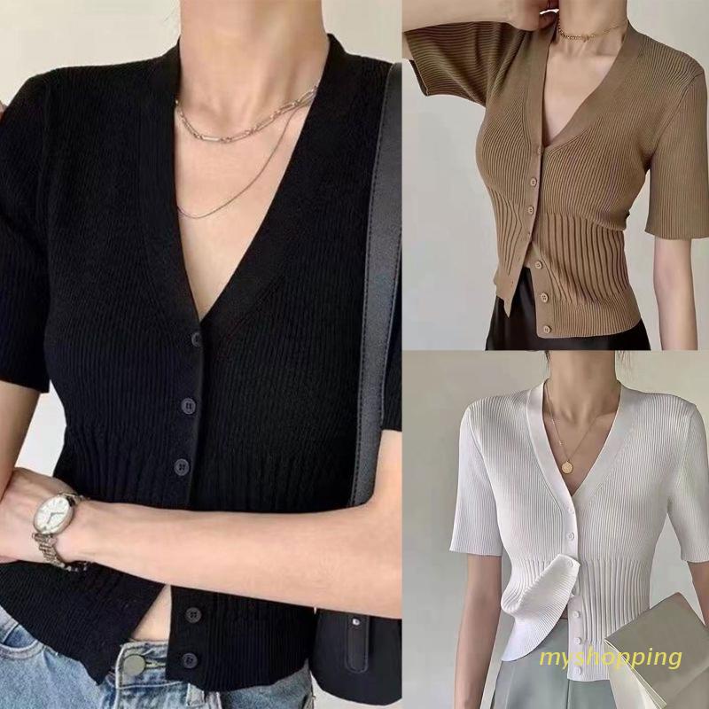 Áo Thun Dệt Kim Tay Ngắn Cổ Chữ V Cài Nút Màu Trơn Phong Cách Pháp Gợi Cảm Cho Nữ
