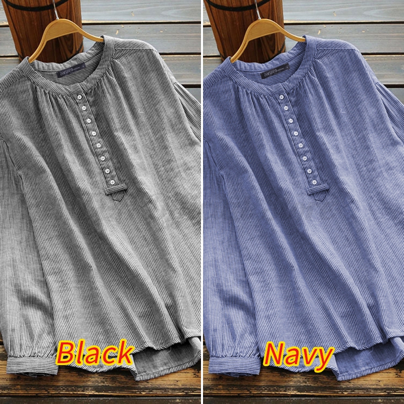 ZANZEA Áo sơ mi bằng vải lanh tay dài dáng rộng phối nút và họa tiết sọc cho phái nữ