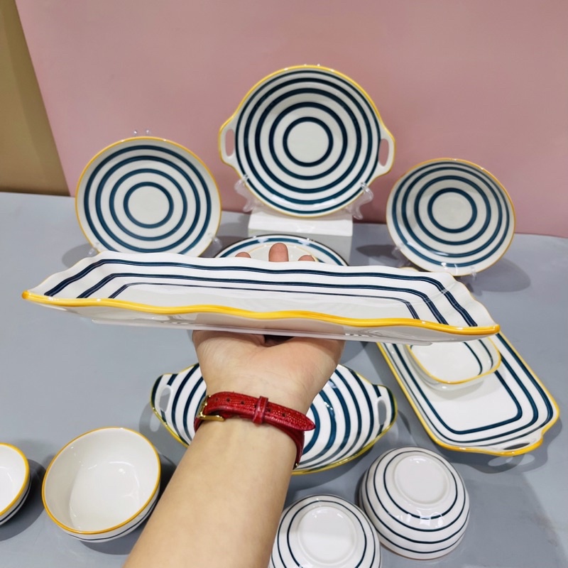 Bộ bát đĩa gốm sứ decor bộ Nhật kẻ siêu đẹp