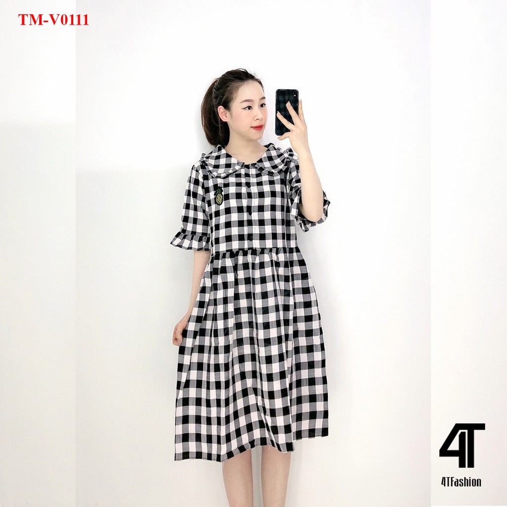 Váy bầu 4T Fashion  - Đầm bigsize kẻ caro dáng dài cổ sen chất cotton siêu mát