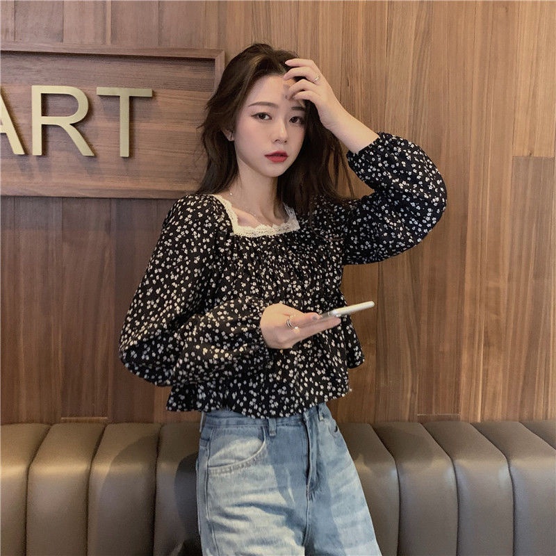 Áo peplum IELGY cổ vuông tay dài phồng viền ren in họa tiết hoa nhí