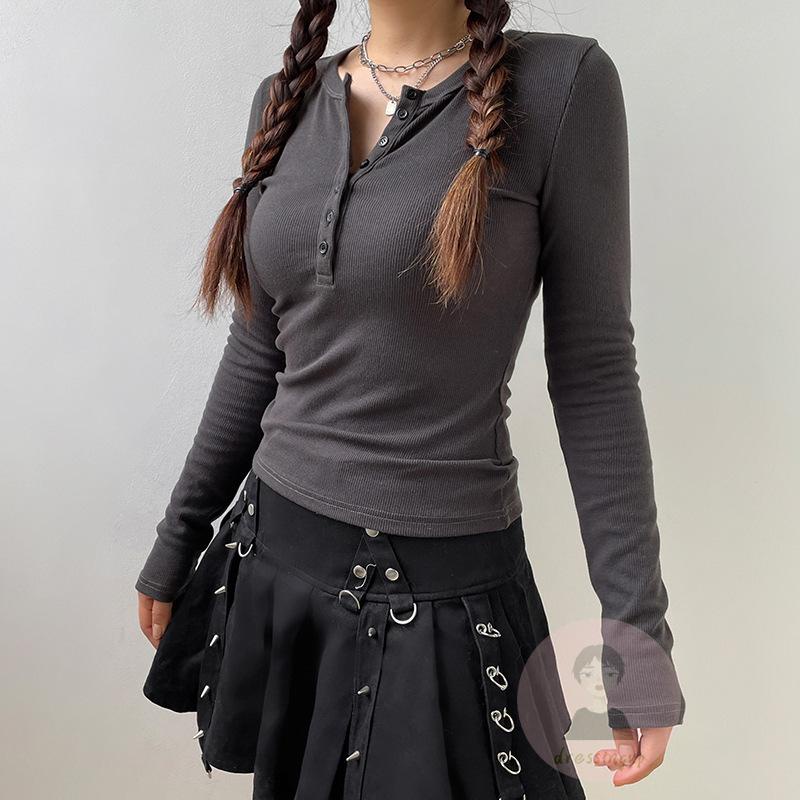 Áo Thun Dài Tay Ôm Dáng Màu Đen Phối Nút Thời Trang Cho Nữ