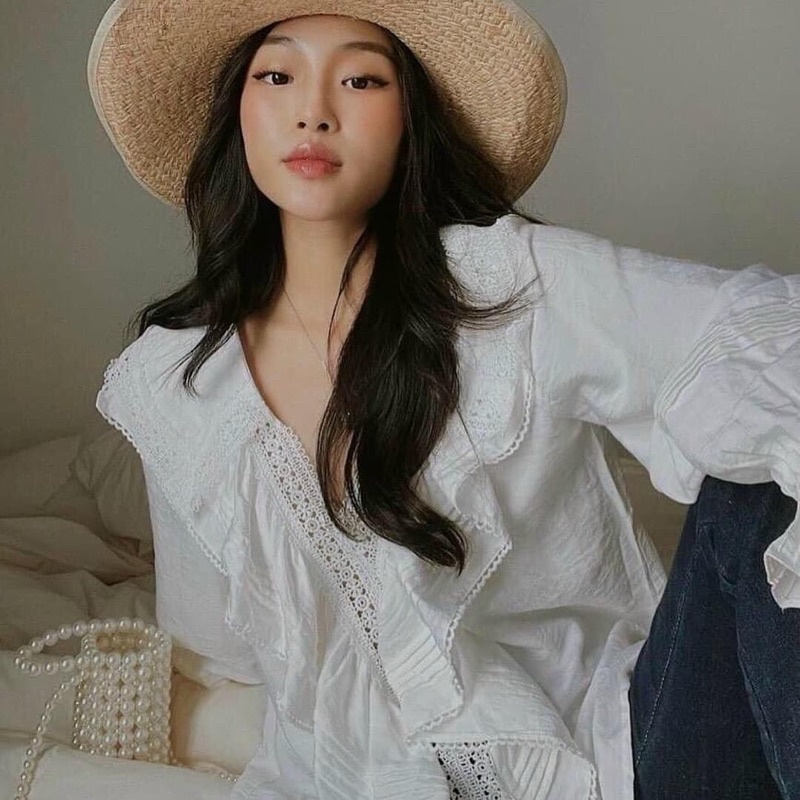 ✔ÁO TRẮNG CỔ BÈO CHẠY REN TAY BO