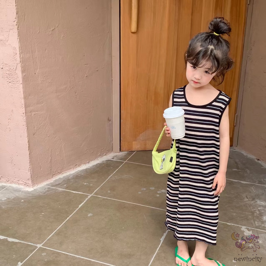 Đầm Sát Nách In Họa Tiết Kẻ Sọc Thời Trang Mùa Hè Hàn Quốc Cho Bé Gái
