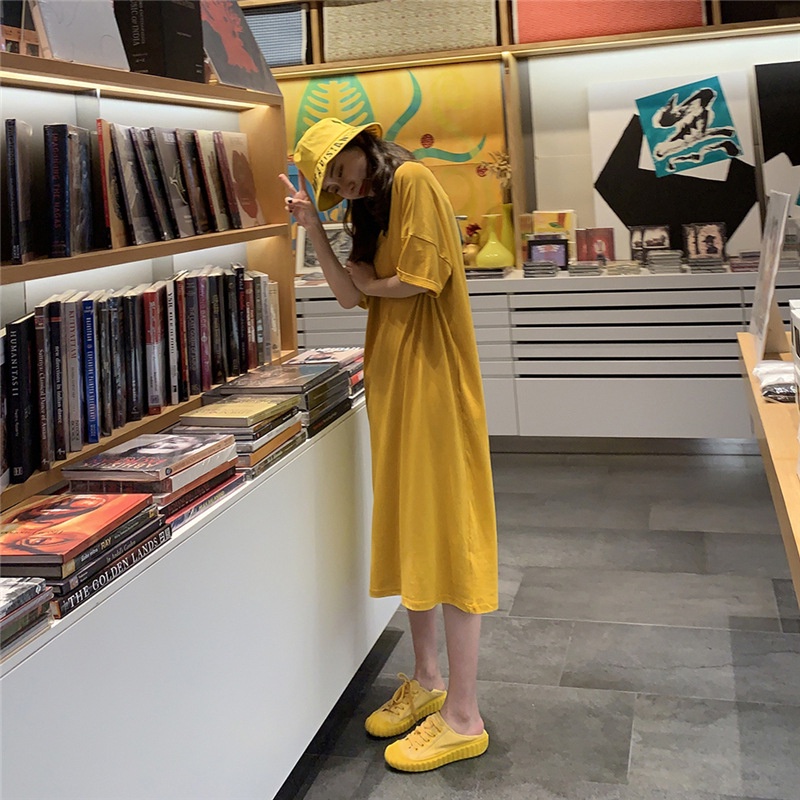 IELGY Đầm Thun Dài Mỏng Một Mảnh Dáng Rộng Phong Cách Hepburn Pháp Hàn Quốc