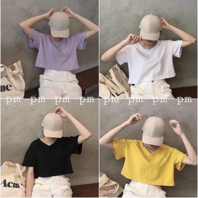 ÁO CROPTOP CỔ CHỮ V THỜI TRANG NỮ HÀN QUỐC, ÁO THUN NGẮN TAY MỀM MỊN, SANG CHẢNH, AMELIASHOP2014