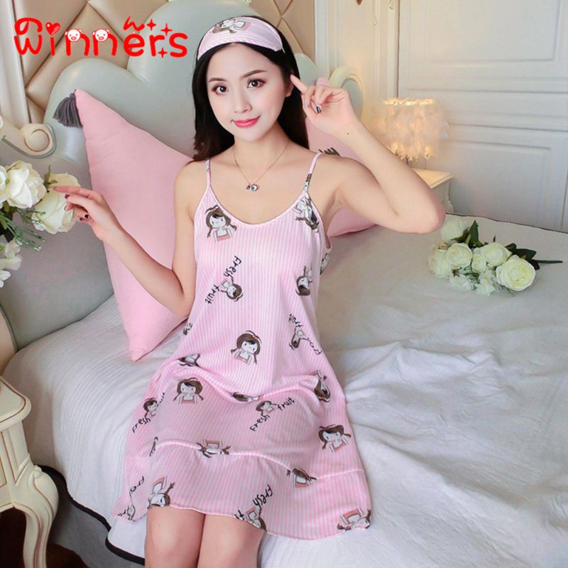 winners Summer Women Sleeveless Cartoon Print Sleep Dress Milk Silk Nightwear