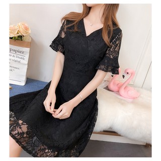 Váy ren cổ V 2 màu đen - nâu