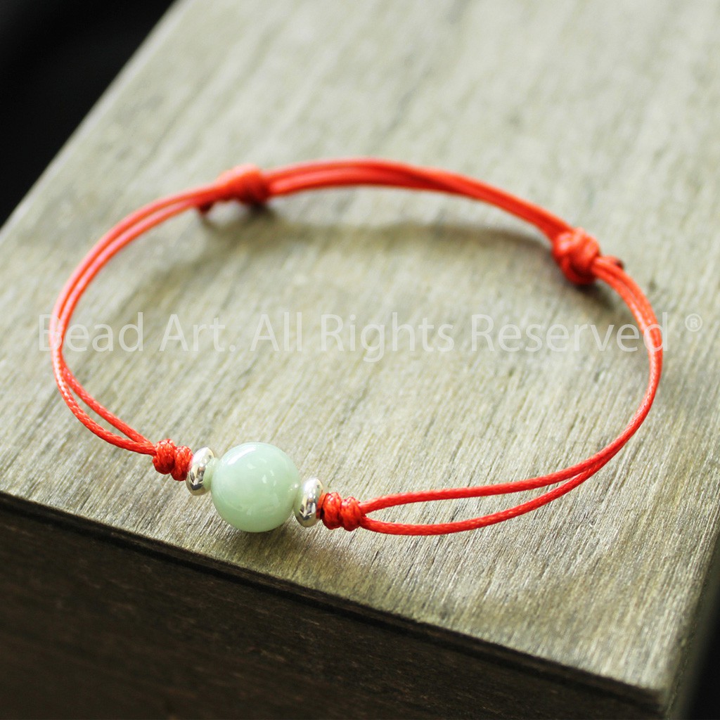 Vòng Tay Thắt Dây (Chỉ) Đỏ Và Natural Myanmar Jadeite Xanh Và Bạc 925