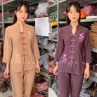 Đồ lam đi chùa # thun cổ tàu viền thêu sen