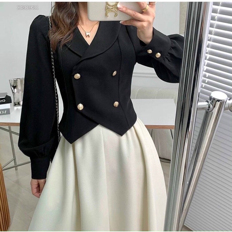 set áo vest đính nút kèm chân váy xoè cao cấp siêu sang,váy nữ midi,đầm dài cho bạn gái iu style hàn xẻng đi làm