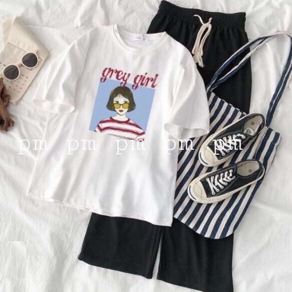Phối Sét Dự Tiệc, Bộ Đồ Nữ Mặc Đi Chơi, Mặc Ở Nhà Mùa Hè, Áo Cotton Cô Gái Grey Kèm Quần Kaki Phong Cách Teen Hàn Quốc
