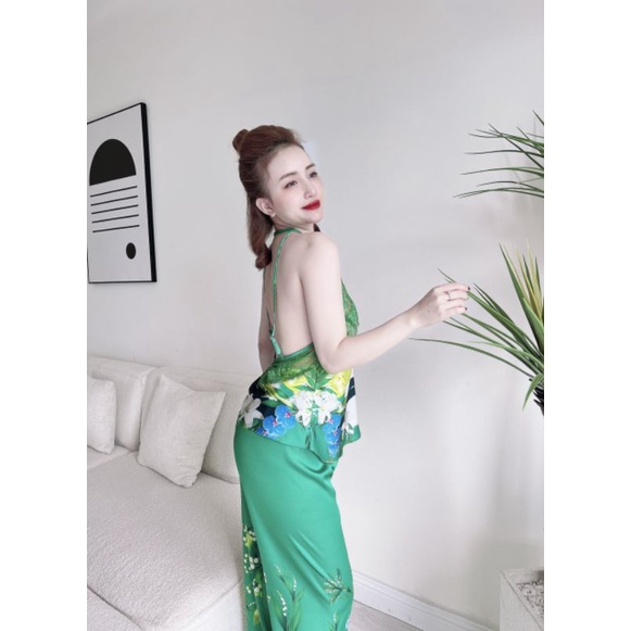 Bộ lụa Latin hai dây kiểu yếm, họa tiết in 3D, phối màu xinh xắn