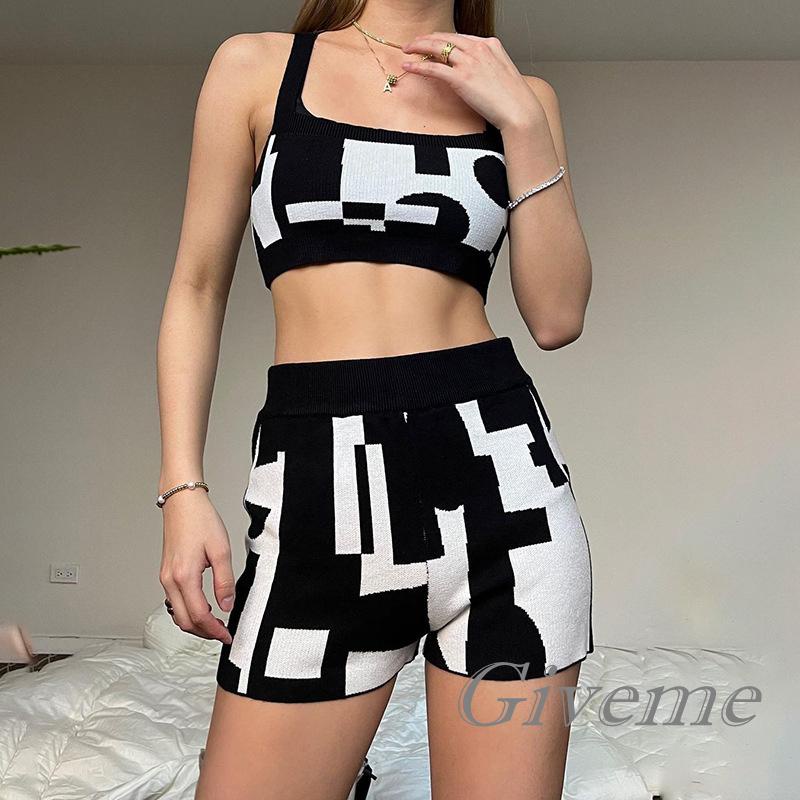 Bộ Áo Croptop Dệt Kim Hai Dây In Họa Tiết Phối Quần Short Co Giãn Thời Trang Cho Nữ