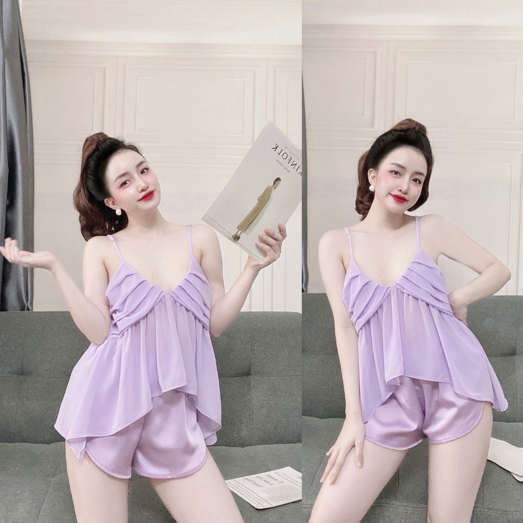 Đồ ngủ nữ BIGSIZE❣️FREE SHIP❣️Đồ ngủ sexy lụa Chiffon phối Satin cao cấp mềm mại xinh xắn &lt;63KG