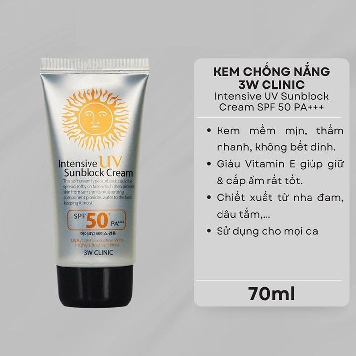 Kem Chống Nắng 3W Clinic UV Sunblock Cream SPF 50+ PA+++ 70ml Hàn Quốc