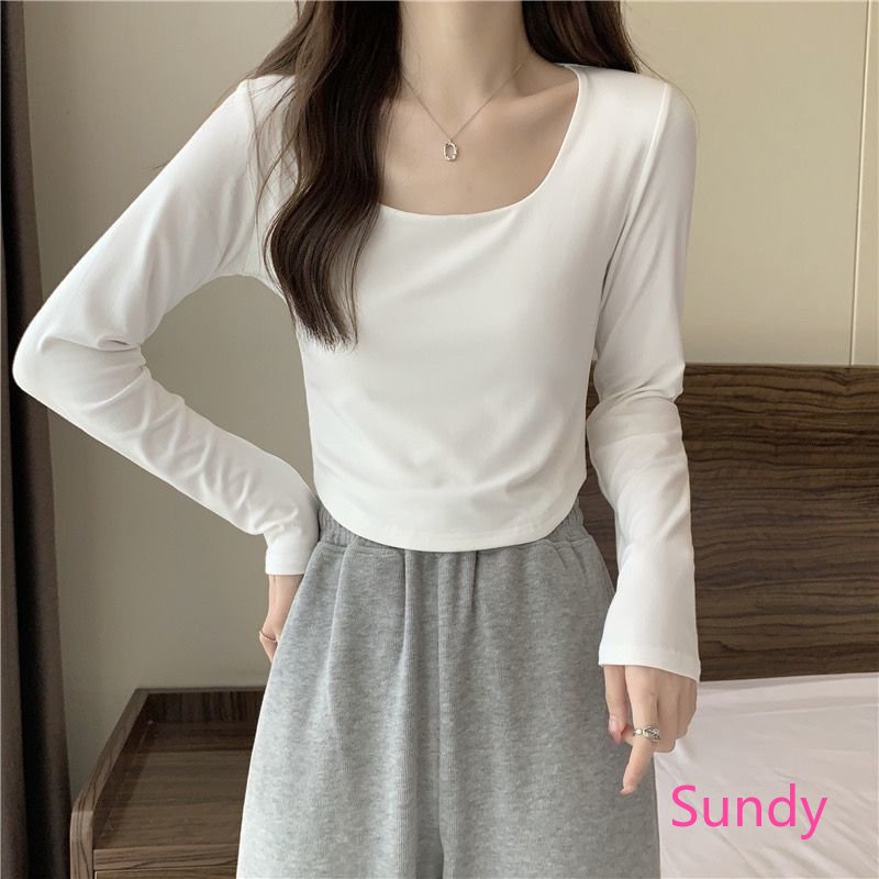 Áo Thun Tay Dài Cổ Chữ U Màu Trơn Đơn Giản Thời Trang Xuân Thu Dành Cho Bạn Gái