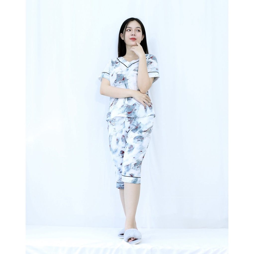 [HÌNH THẬT 100%] Bộ đồ Pijama nữ lửng TRẮNG HÌNH KHỐI BẤT QUY TẮC - CỰC XINH  - vải lụa cao cấp - Cực Kì Sang Chảnh