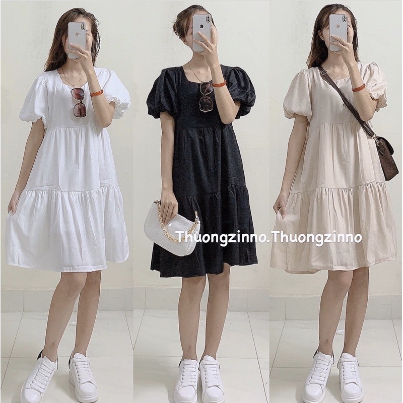 [Ảnh thật/Video]Váy babydoll cộc tay ba tầng chất lụa Hàn Váy thiết kế Hàn Quốc