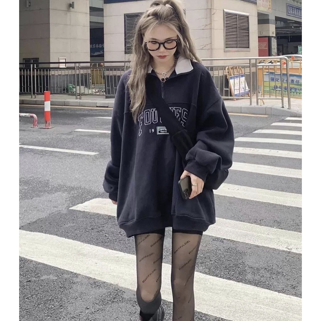 Áo sweater polo dài tay nữ có cổ phối khóa chất nỉ bông đẹp (có ảnh thật) phong cách Hàn Quốc 1998