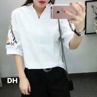 Áo Sơ Mi Sang Trọng Thêu Tay Áo (2 màu: trắng+xanh)