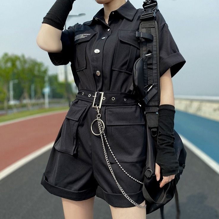 Áo Liền Quần Màu Đen Tay Ngắn Dáng Ôm Eo Cao Phong Cách Harajuku Thời Trang Mùa Hè 2020 Cho Nữ