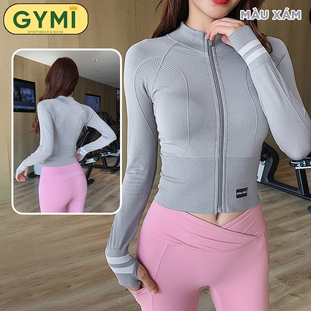 Áo khoác tập gym yoga nữ GYMI AK06 dáng croptop thể thao chất vải dệt cao cấp co giãn 4 chiều chống nắng