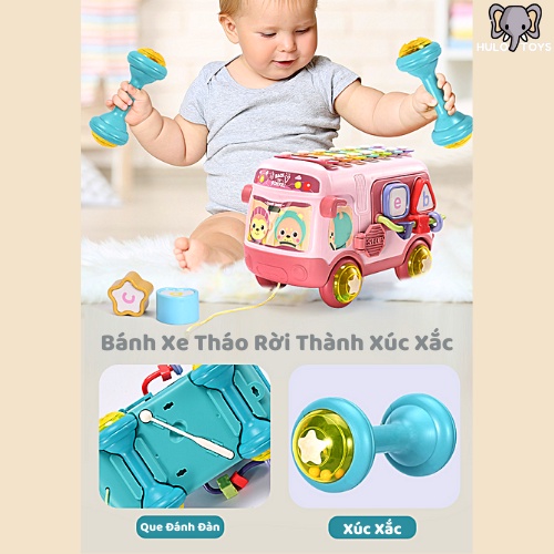 Đồ Chơi Ô Tô Đa Năng 5 Trong 1 Hulo Toys - Xe Bus Kéo Kết Hợp Đàn Gõ Piano, Xếp Hình Khối, Luồn Hạt, Xúc Xắc Cho Bé