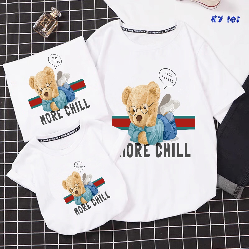 Áo thun gia đình 3 4 người bé gái bé trai in hình gấu dễ hương  co giản 4 chiều