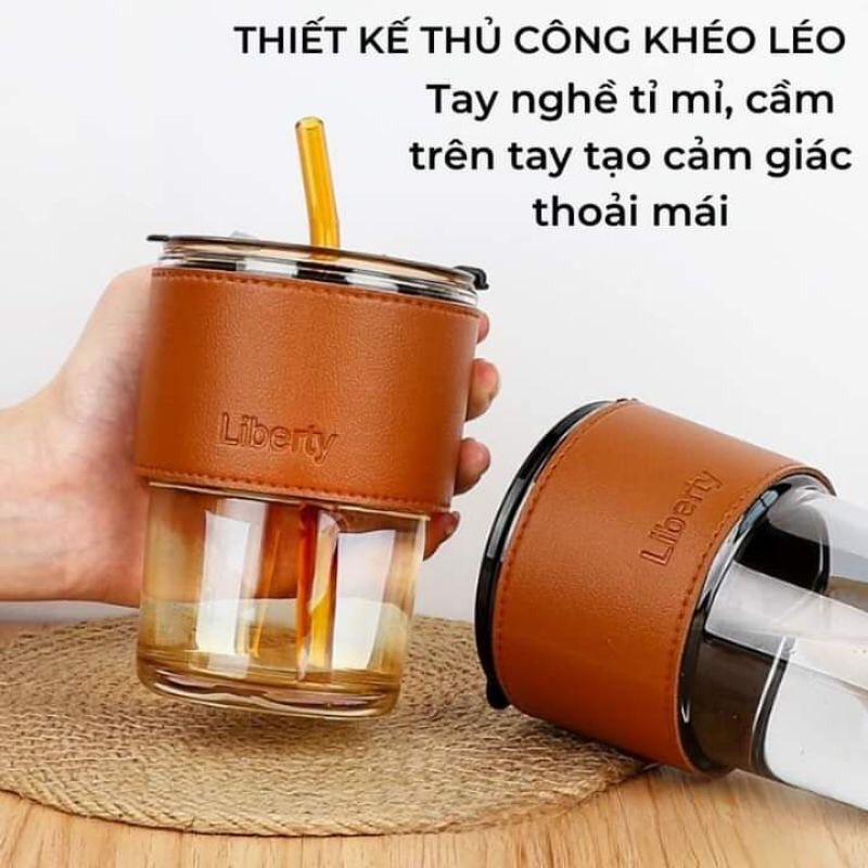 [HOT] Ly Hổ Phách, Cốc Thuỷ Tinh vỏ da có nắp và ống hút, ly uống nước đẹp dung tích 450ml