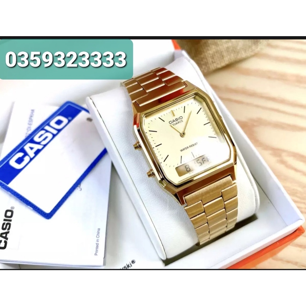 Đồng hồ unisex Casio AQ - 230GA-9DMQ .Điện tử, size mặt 29,8mm , kính cường lực ,dây kim loại, chống nước 3ATM.