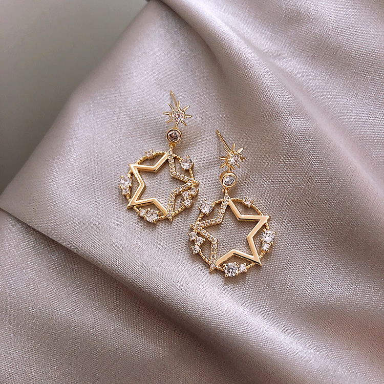 Star Earrings 925 Silver Needle Circle Five-pointed Korean Female Earrings