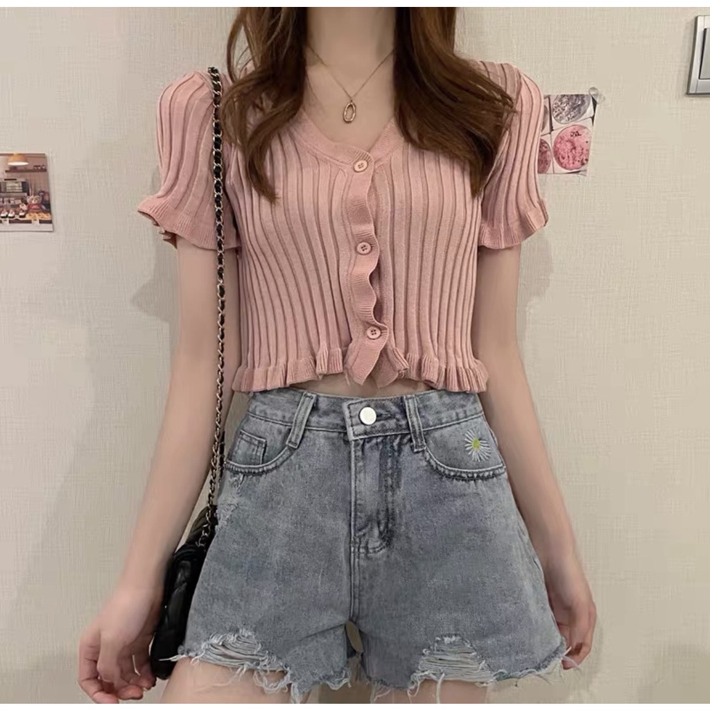 Áo Croptop phông nữ sexy dệt kim blackpink Ngắn Tay Cổ Chữ V Màu Trơn Phong Cách Hàn Quốc