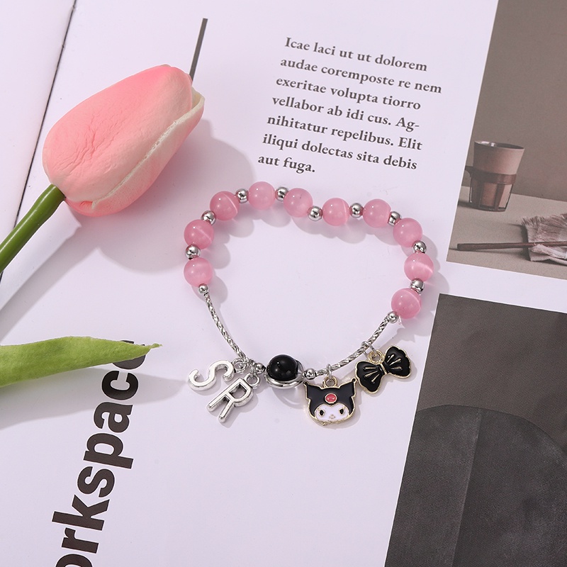 SANRIO Vòng Tay Chuỗi Hạt Mắt Mèo Màu Hồng Dễ Thương Cho Cặp Đôi