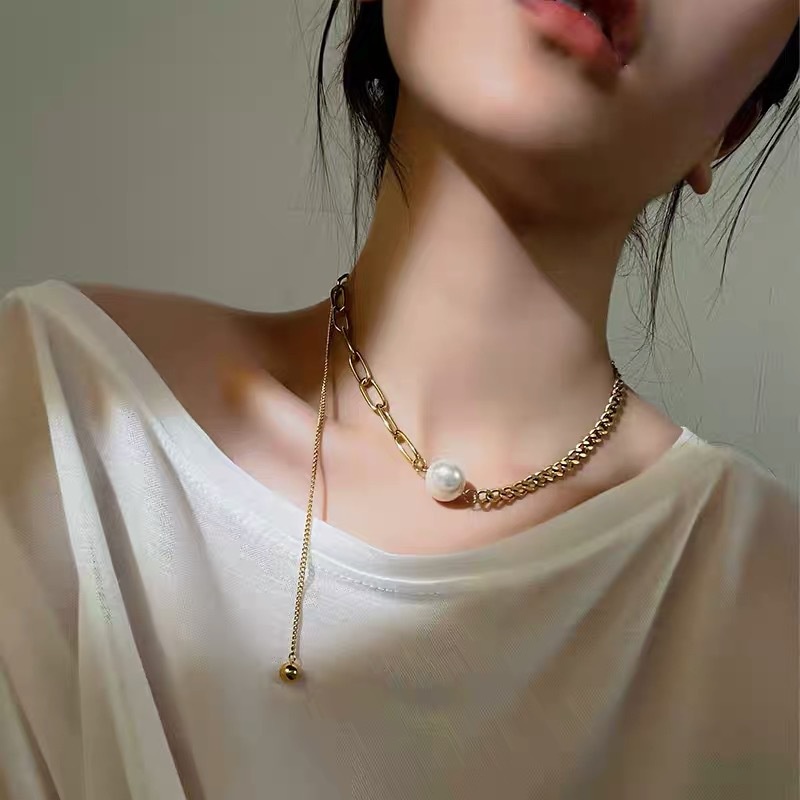 Vòng cổ thép titan hạt ngọc trai thanh lịch thời trang phong cách Hàn Quốc